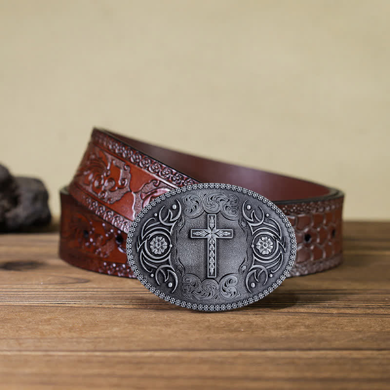 Men's DIY Faith Cross Floral Buckle Leather Belt