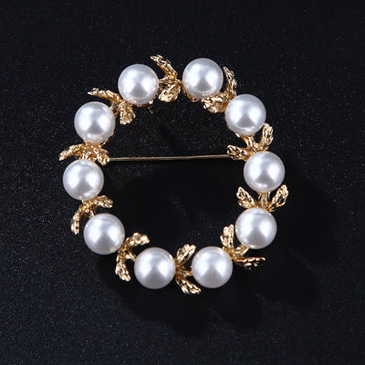 Women's Pearl Leaves Circle Brooch