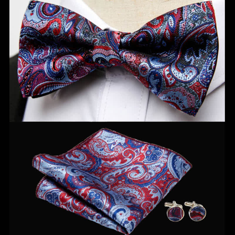 3Pcs Men's Luxurious Paisley Bow Tie Pocket Square Set