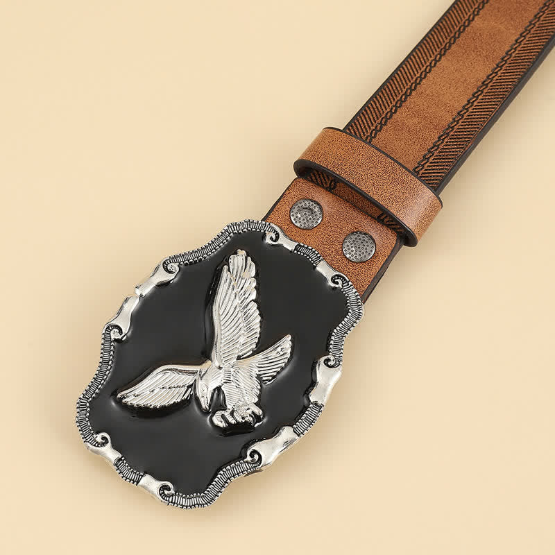 Men's Eye-Catching Silver Relief Eagle Black Buckle Leather Belt