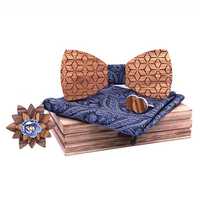 4Pcs Men's Geometric Carving Wooden Bow Tie Set