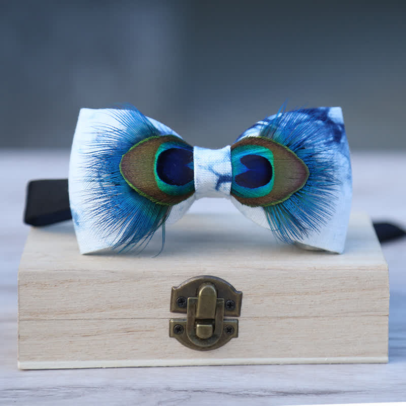 Blue & White Dye Eye Peacock Feather Bow Tie