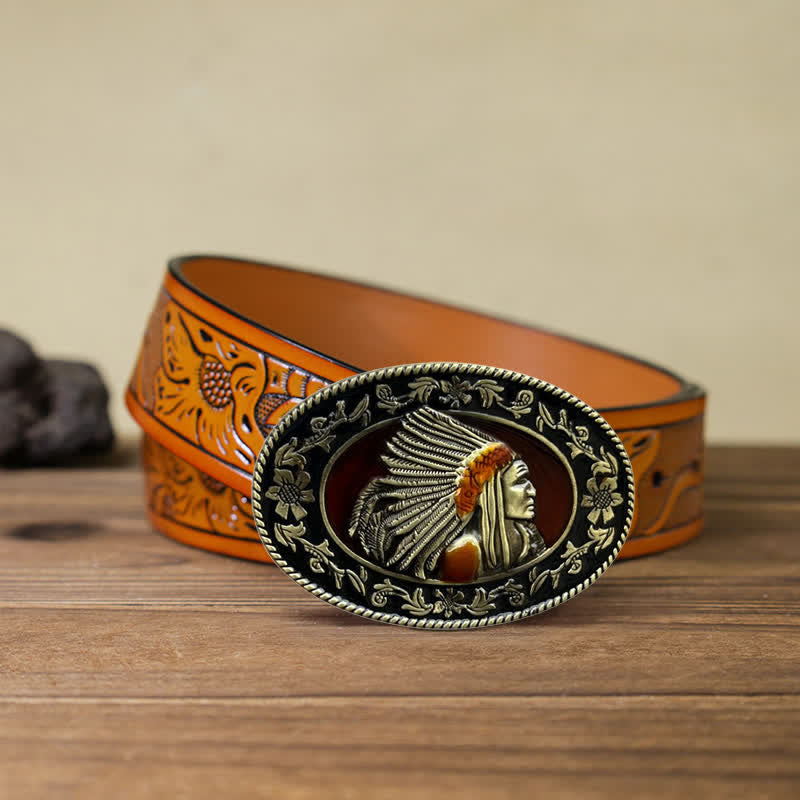 Men's DIY Indian Chief Tribal Buckle Leather Belt