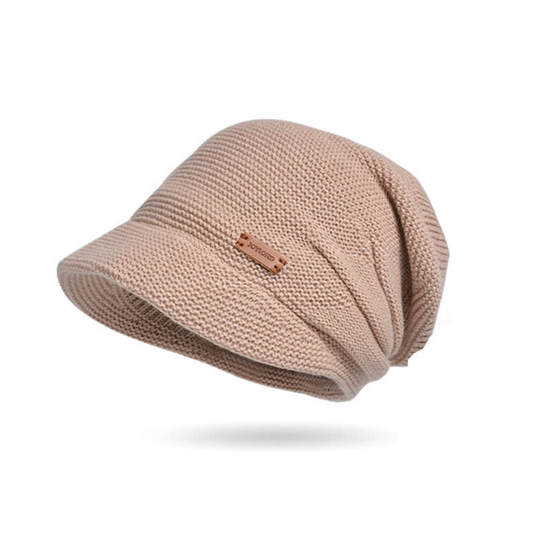 Women's Letter Patched Wide Brim Pile Knitted Hat