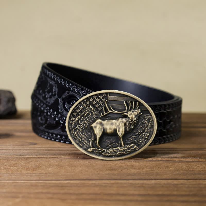 Men's DIY Elk Deer American Flag Buckle Leather Belt