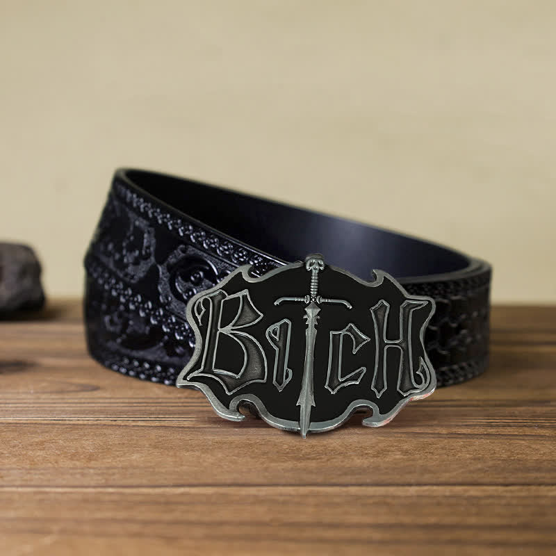 Men's DIY Skull Sword Black Enamel Buckle Leather Belt