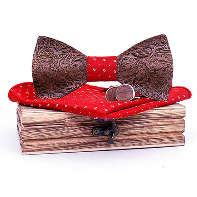 3Pcs Men's Black Walnut Paisley Wooden Bow Tie Set