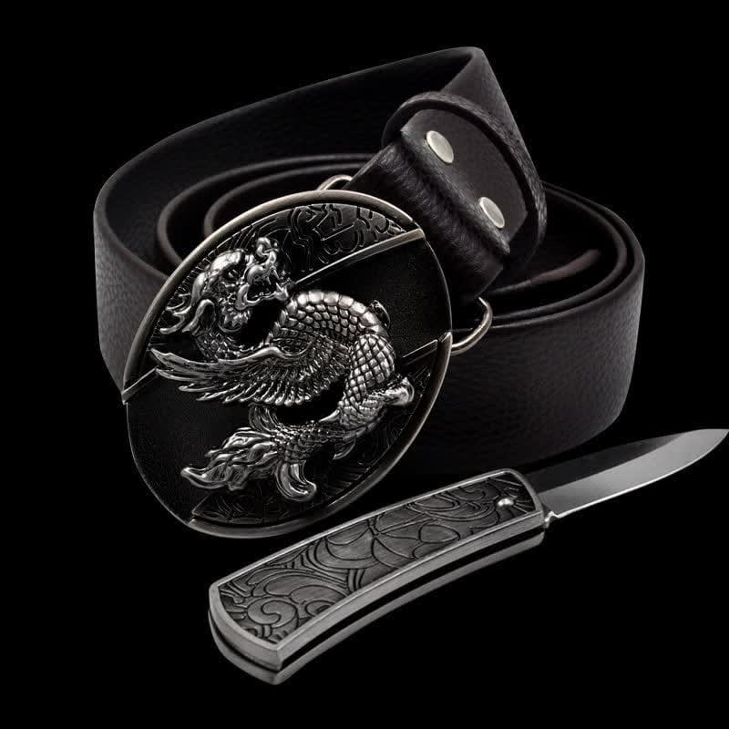 Men's Flying Dragon Leather Belt With Folding Knife