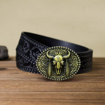 Men's DIY Bull Ethnic Feather Decor Buckle Leather Belt