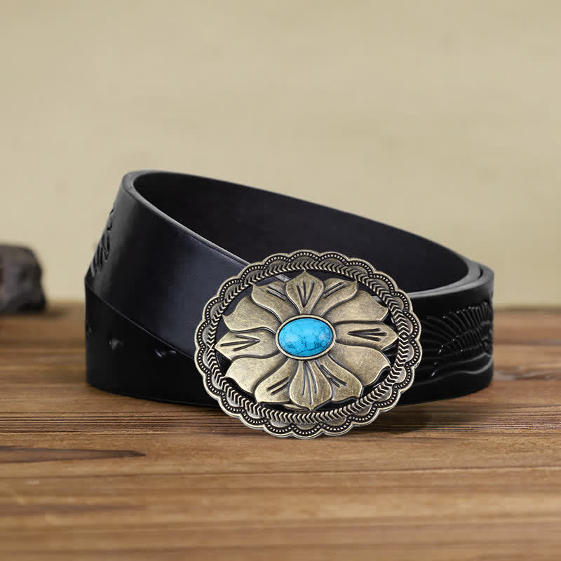 Men's DIY Turquoise Inlaid Floral Buckle Leather Belt