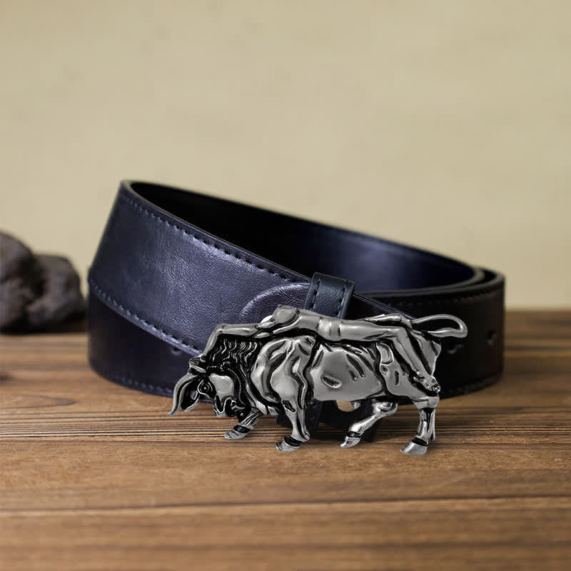 Men's DIY Authentic Silver Bull Buckle Leather Belt