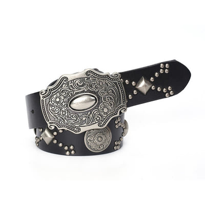 Men's Punk Floral Buckle Rivet Studded Leather Belt