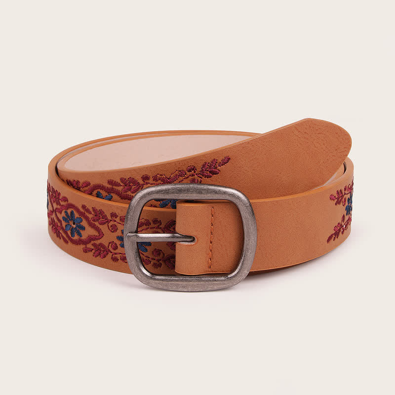 Women's Ethnic Style Flower Embroidery Leather Belt