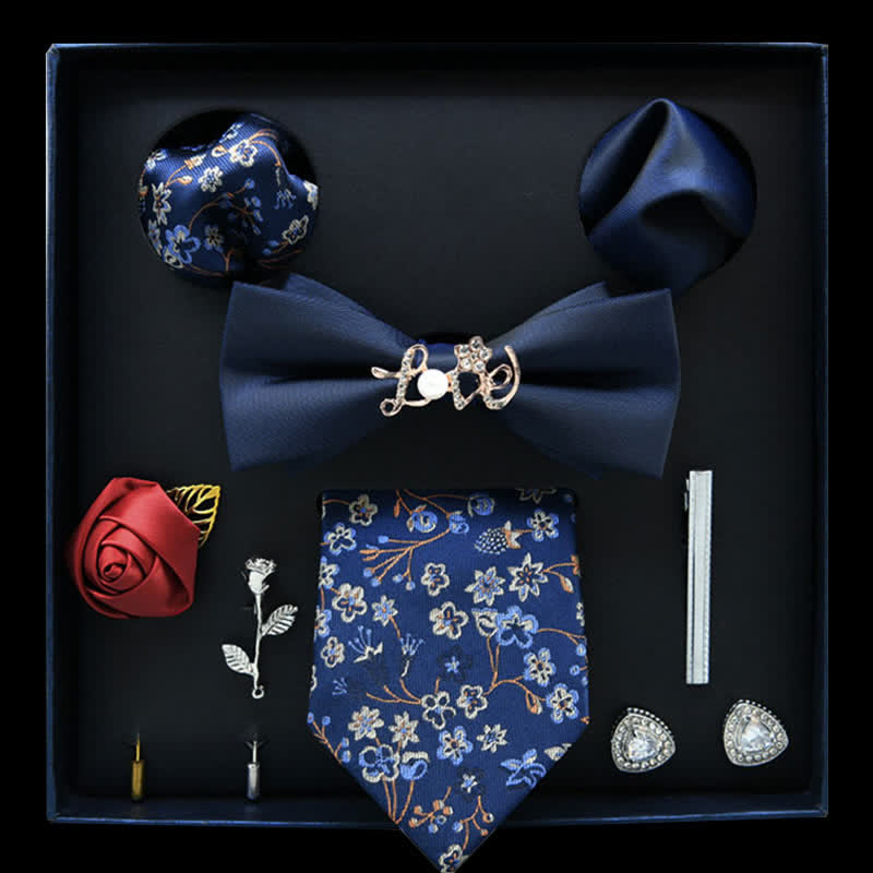 8Pcs Navy Blue Floral Casual Necktie Bow Ties Gift Box