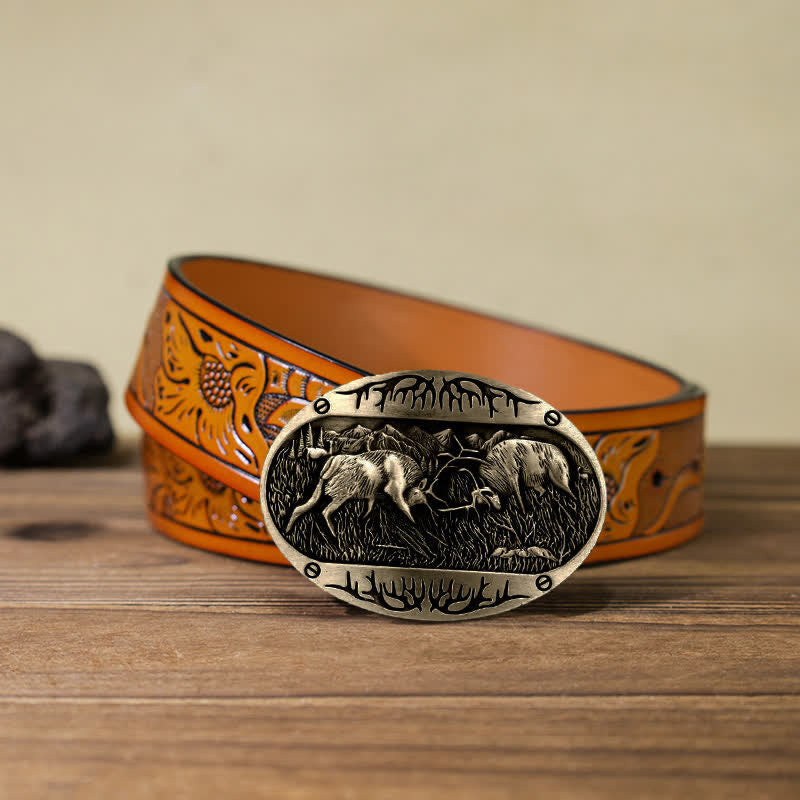 Men's DIY Wild Fighting Deer Buckle Western Leather Belt