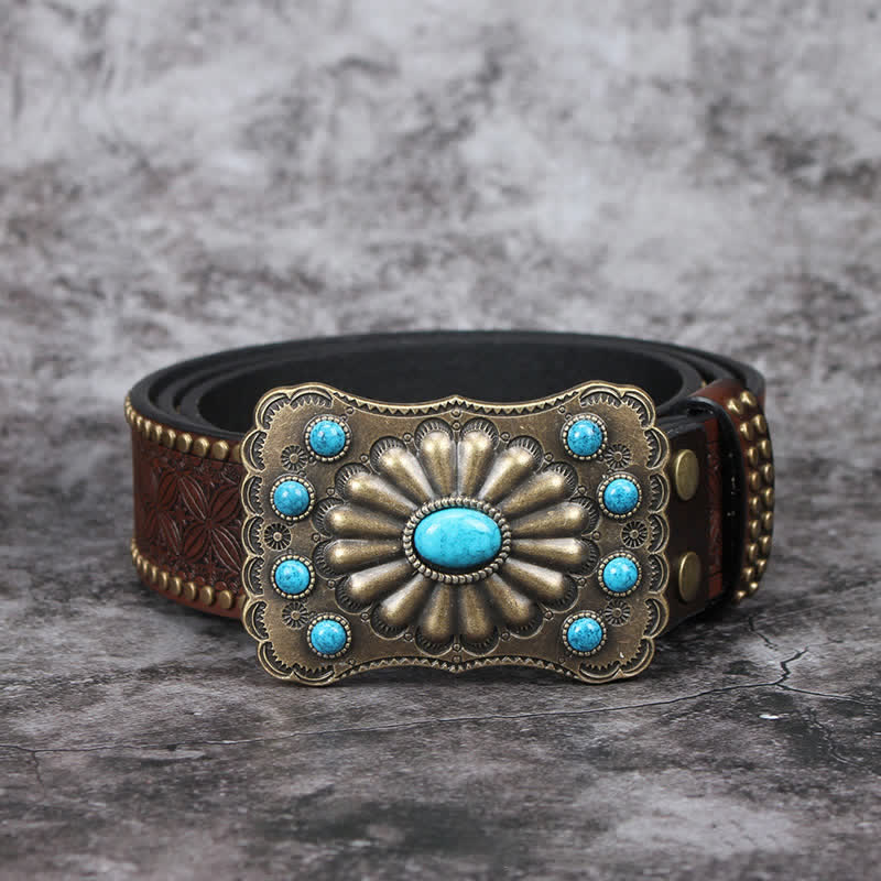 Men's Western Turquoise Stone Embellishment Leather Belt