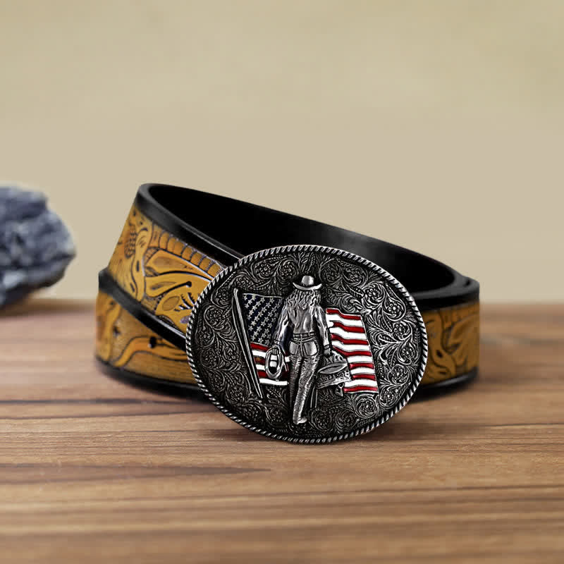Men's DIY Cowboy American Flag Buckle Leather Belt