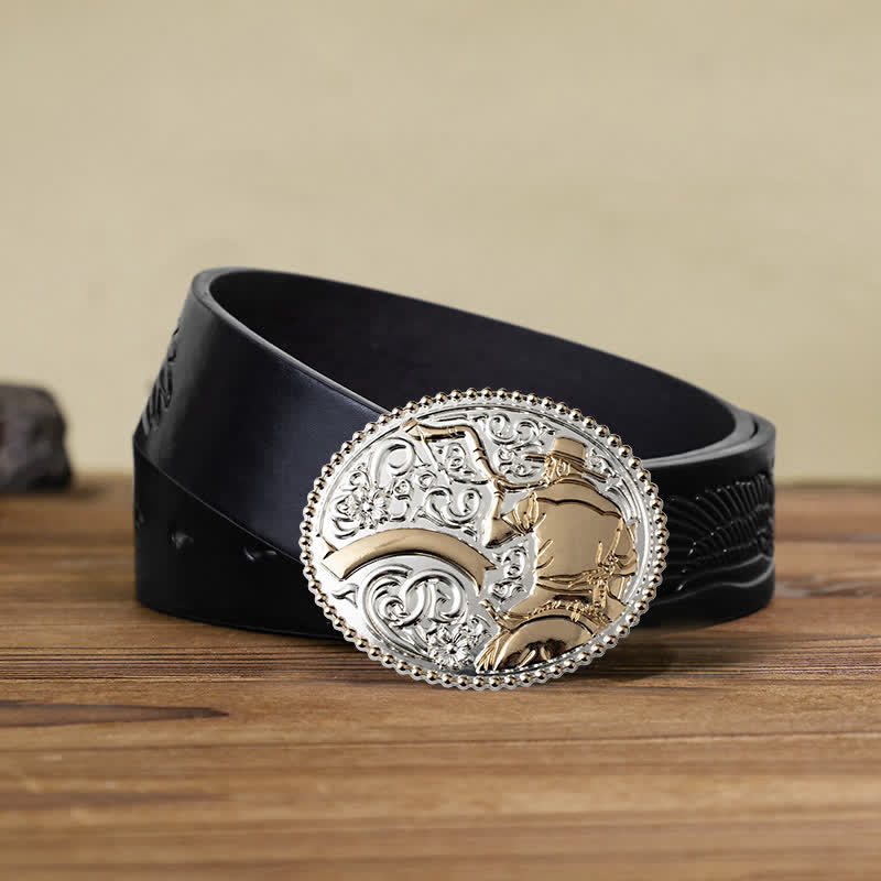 Men's DIY Cowboy Blowing The Horn Buckle Leather Belt