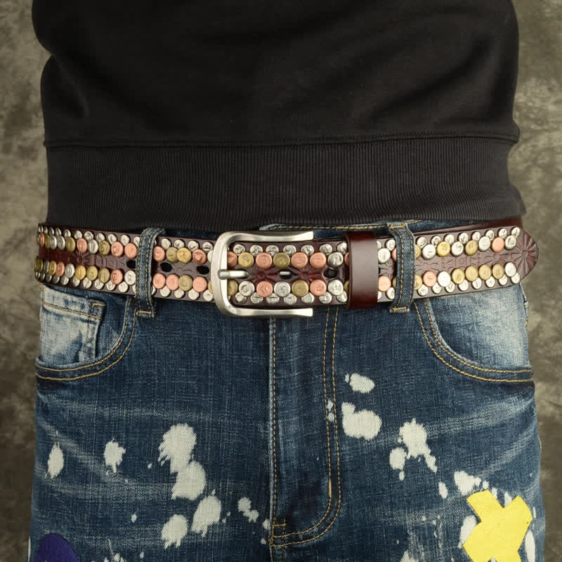 Men's Multicolour Button Rivet Studded Leather Belt