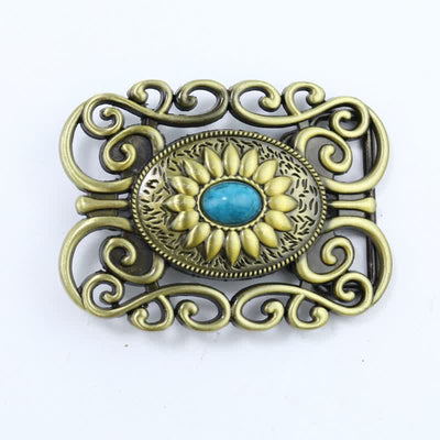 Men's DIY Antique Brass Turquoise Hollow Buckle Leather Belt