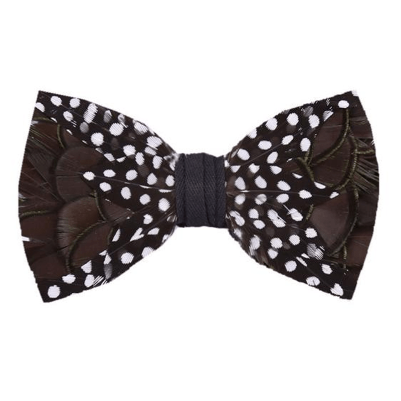 SaddleBrown & White Guinea Feather Bow Tie with Lapel Pin