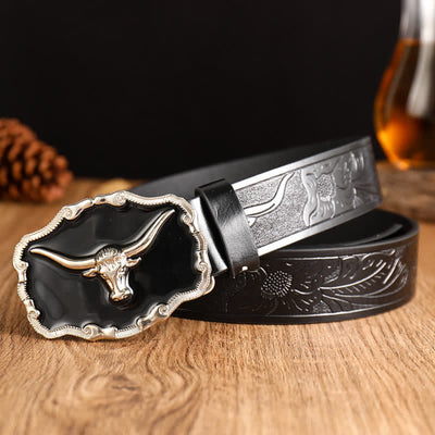 Men's Black Western Longhorn Bull Head Leather Belt