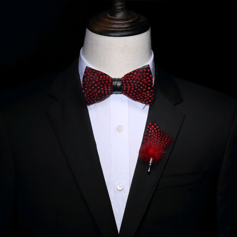 Red Polka Dots Feather Bow Tie with Lapel Pin