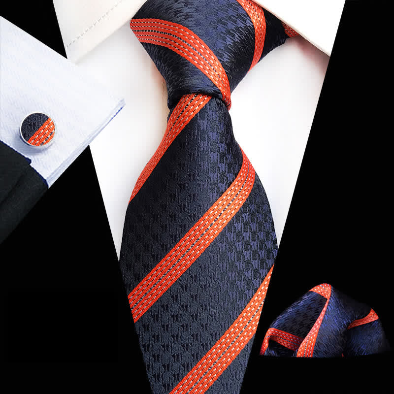 3Pcs Men's Orange & Navy Striped Necktie Set
