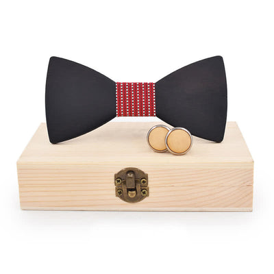 2Pcs Men's Black Wooden Bow Tie Cufflinks Set