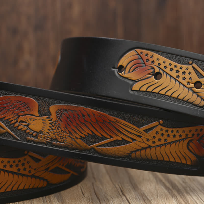 Men's Novelty Flying Eagle Buckle Carved Pattern Leather Belt