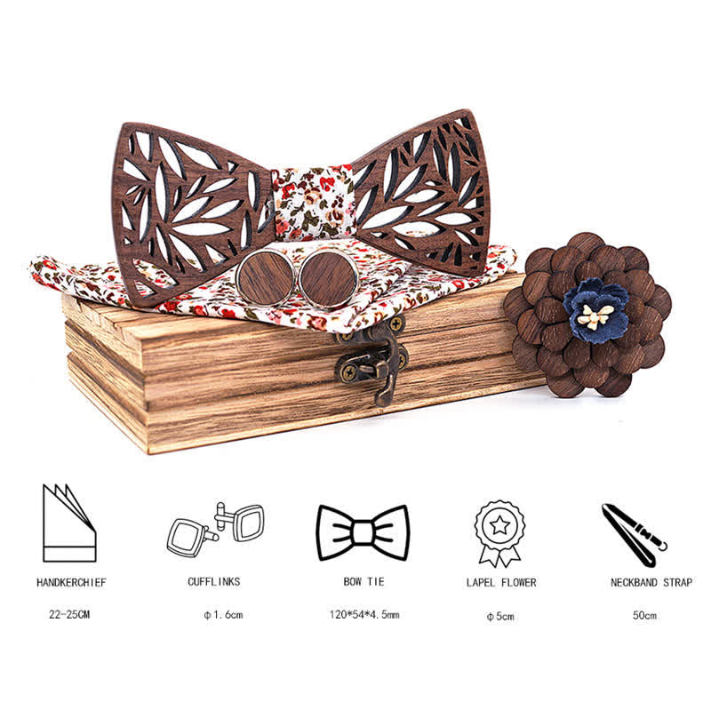 4pcs Men's Hollow Leaf Wooden Bow Tie Set