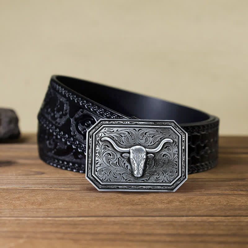 Men's DIY Simple Longhorn Bull Head Buckle Leather Belt
