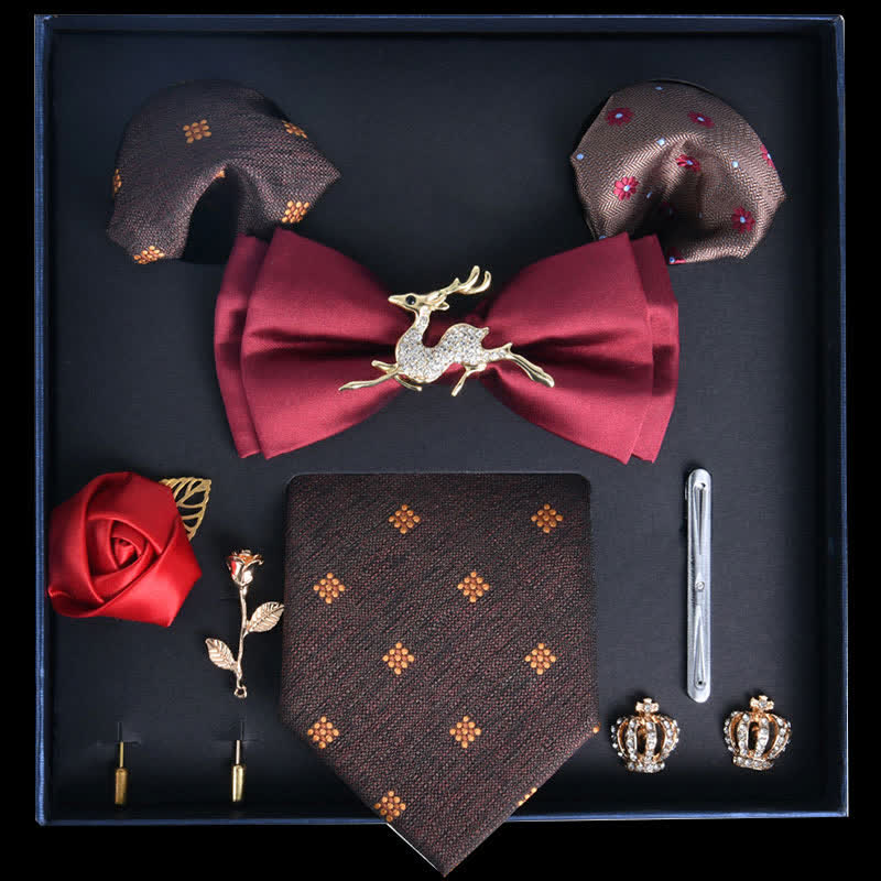 8Pcs Red&SaddleBrown Luxury Noble Print Bow Ties Gift Box