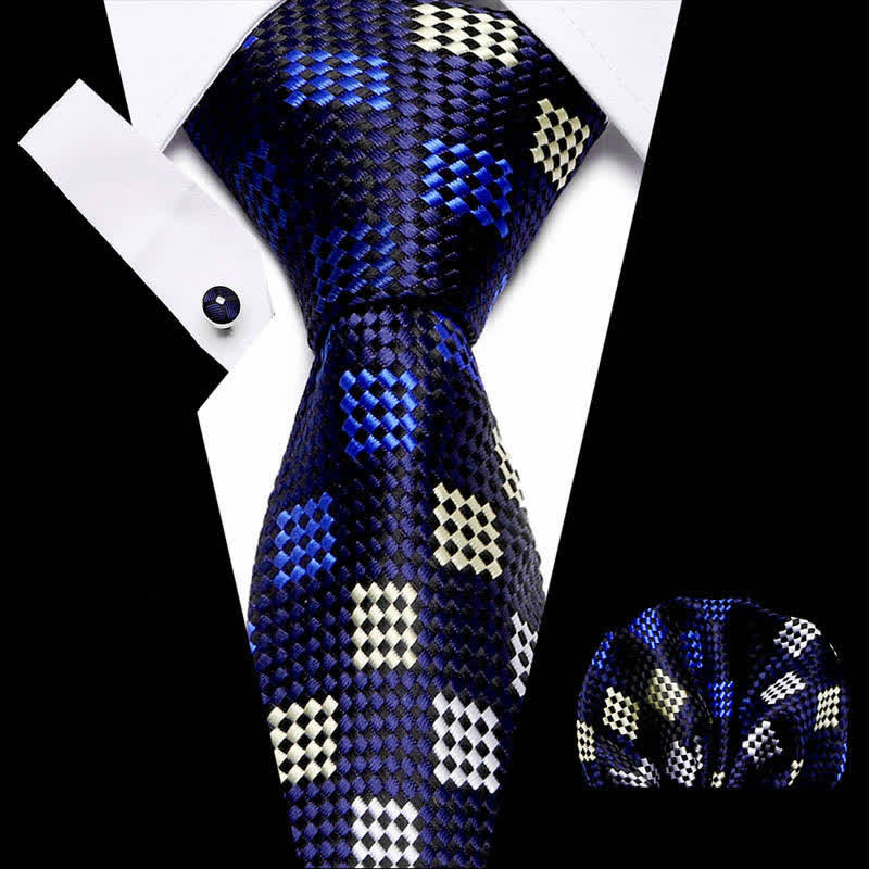 3Pcs Men's Navy & Yellow Checkerboard Necktie Set