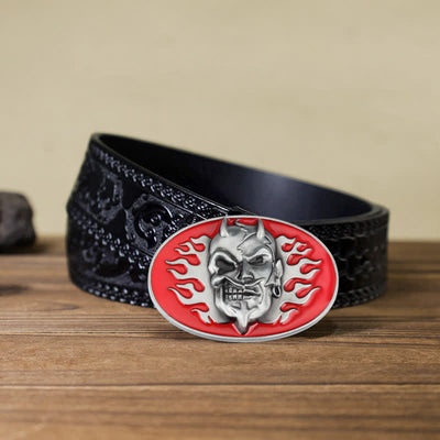 Men's DIY Red Flame Devil Skull Buckle Leather Belt