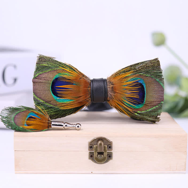 Green Peafowl Eyes Feather Bow Tie with Lapel Pin