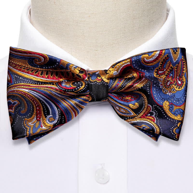 2Pcs Men's Gold & Blue Paisley Bow Tie Pocket Square Set