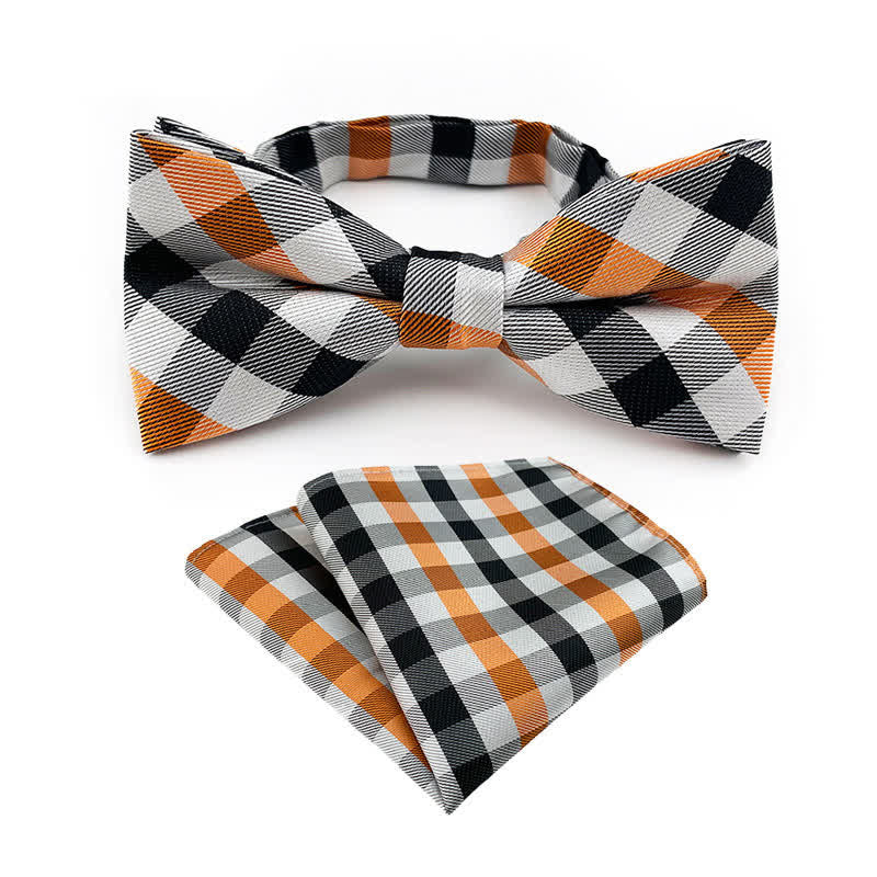 2Pcs Men's Fancy Plaid Striped Bow Tie Pocket Square Set