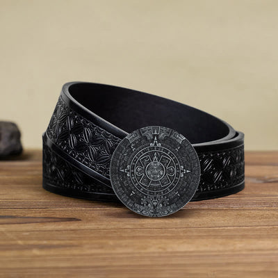 Men's DIY Aztec Mayan Big Round Buckle Leather Belt