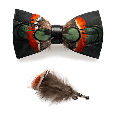 Black & Red Green Mallard Feather Bow Tie with Lapel Pin