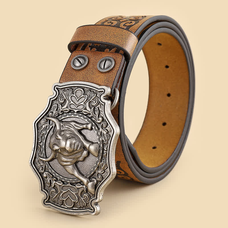 Men's Yak Matador Bull Engraved Floral Leather Belt