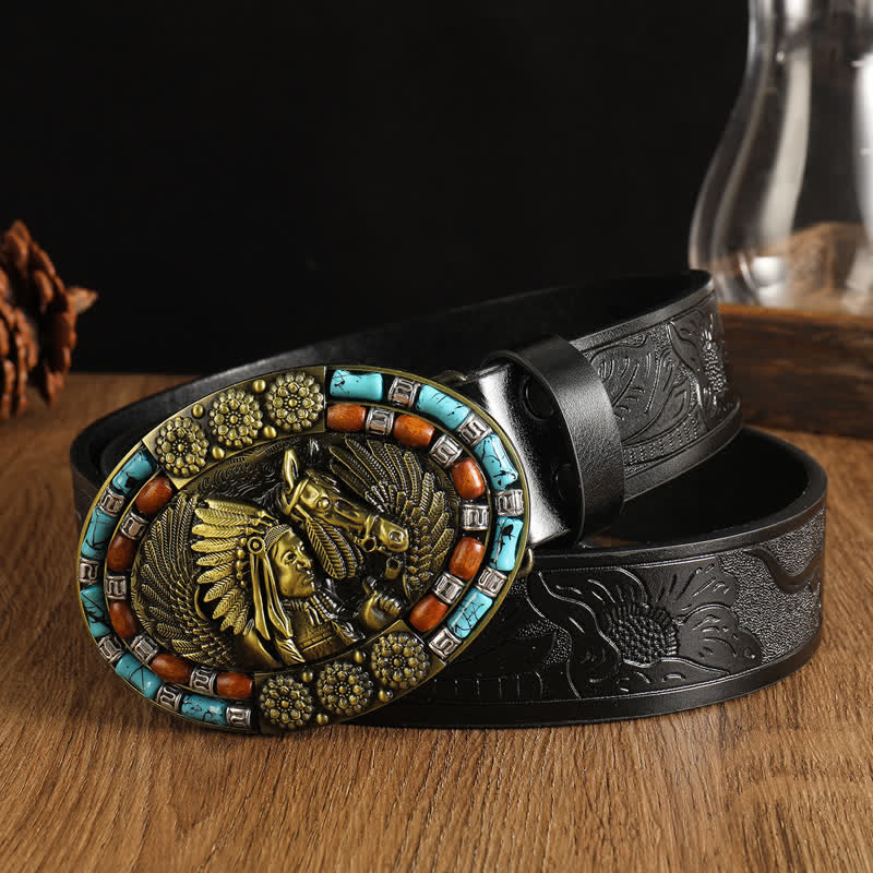 Men's Boho Indian Art Turquoise Leather Belt