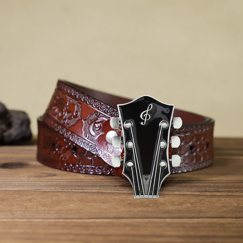 Men's DIY Musical Guitar Headstock Buckle Leather Belt