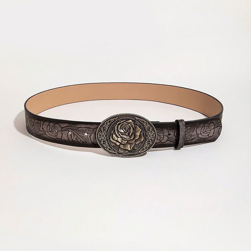 Western Style Rose Shaped Buckle Printed Leather Belt