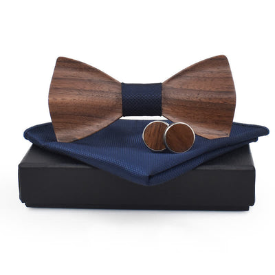 3Pcs Men's Plain Checkered Wooden Bow Tie Set