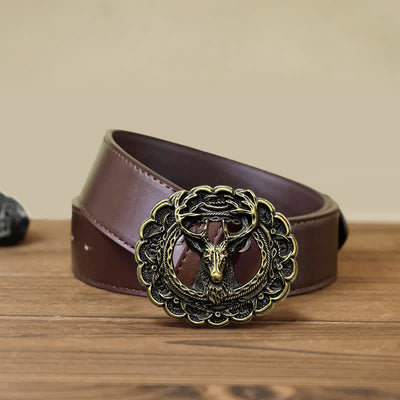 Men's DIY Hollow 3D Elk Antler Buckle Leather Belt