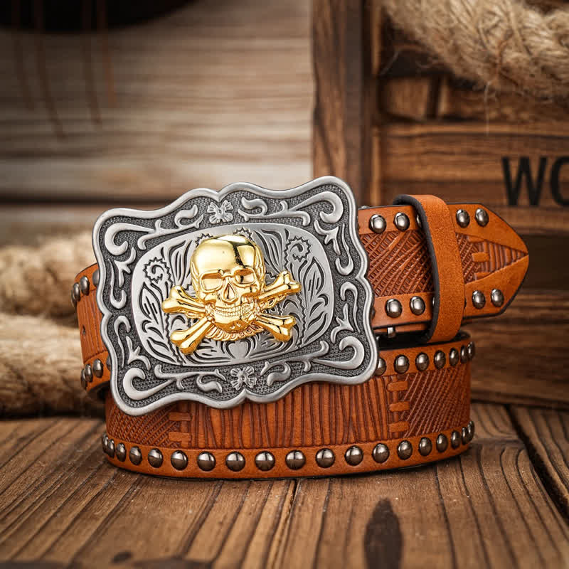 Men's Punk Skull Buckle Rivet Studded Leather Belt