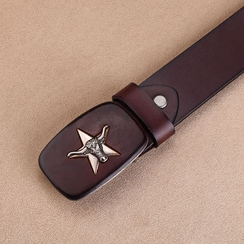 Men's Ox Head Star Plate Buckle Leather Belt