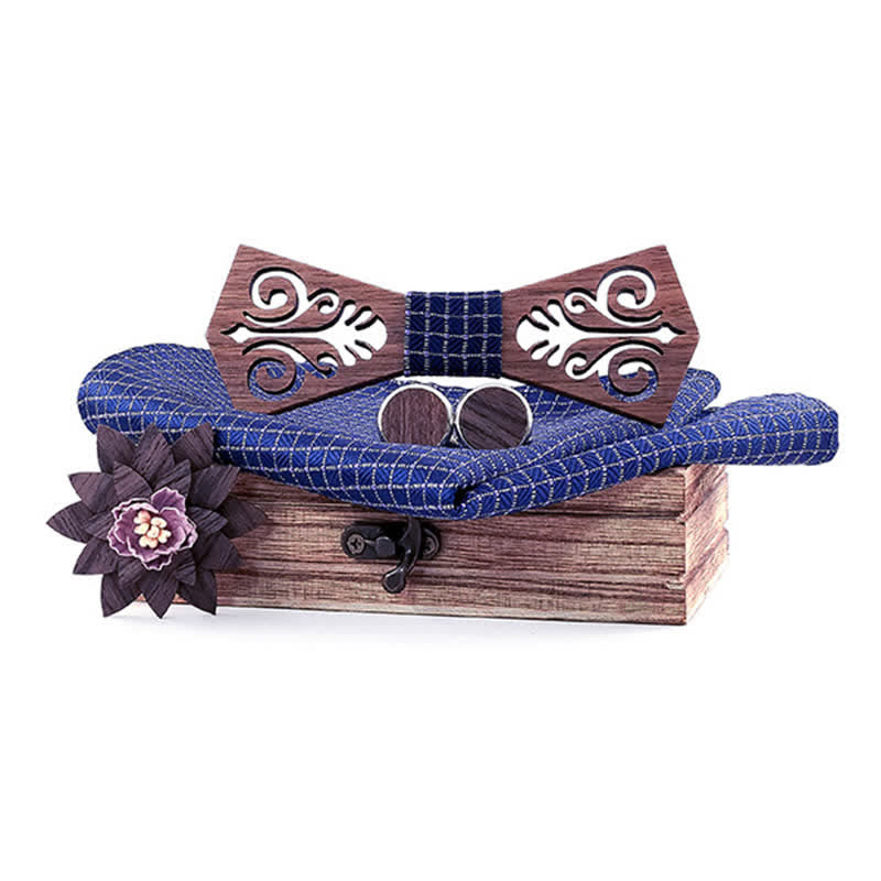 4Pcs Men's Hollow Flower Pattern Wooden Bow Tie Set