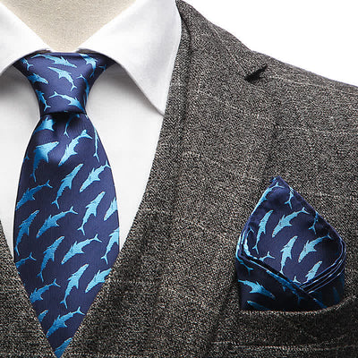 2Pcs Men's Swimming Shark Navy Blue Necktie Set